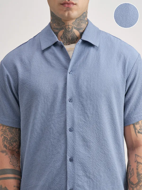 Highlander Men Blue Self Design Regular Fit Casual Shirt