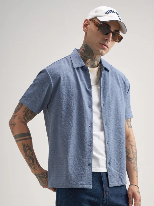 Highlander Men Blue Self Design Regular Fit Casual Shirt