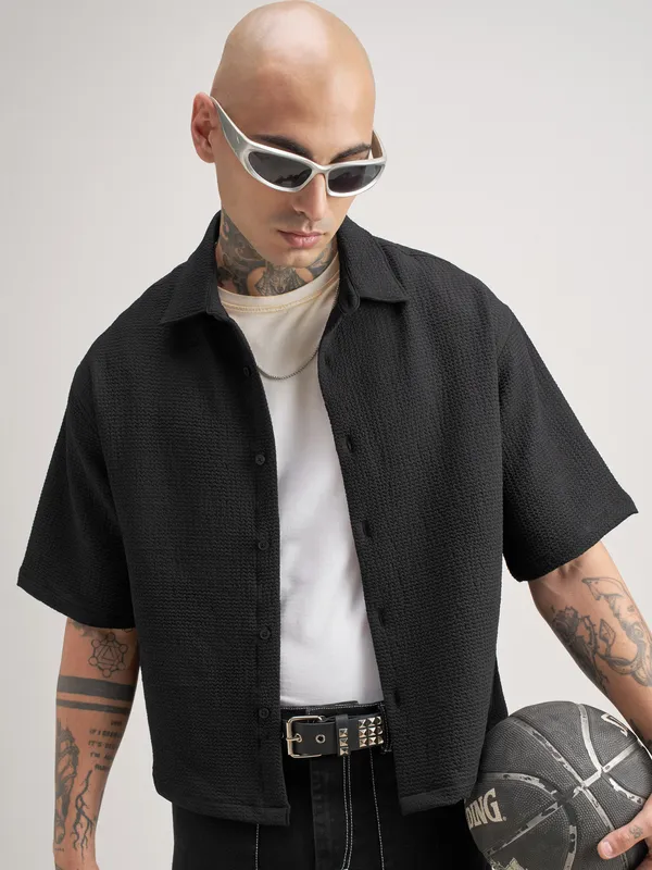 Highlander Men Black Self Design Boxy Fit Casual Shirt