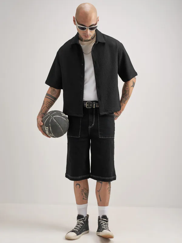 Highlander Men Black Self Design Boxy Fit Casual Shirt