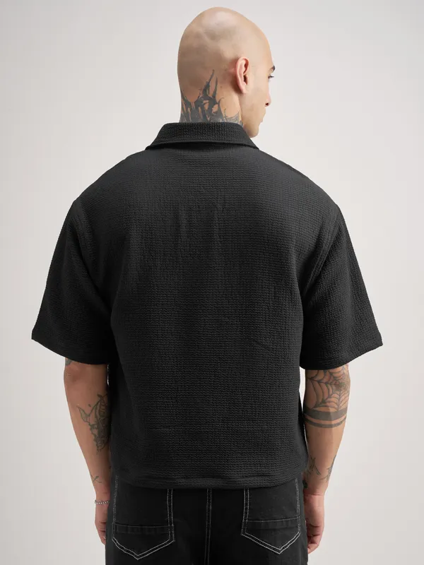 Highlander Men Black Self Design Boxy Fit Casual Shirt