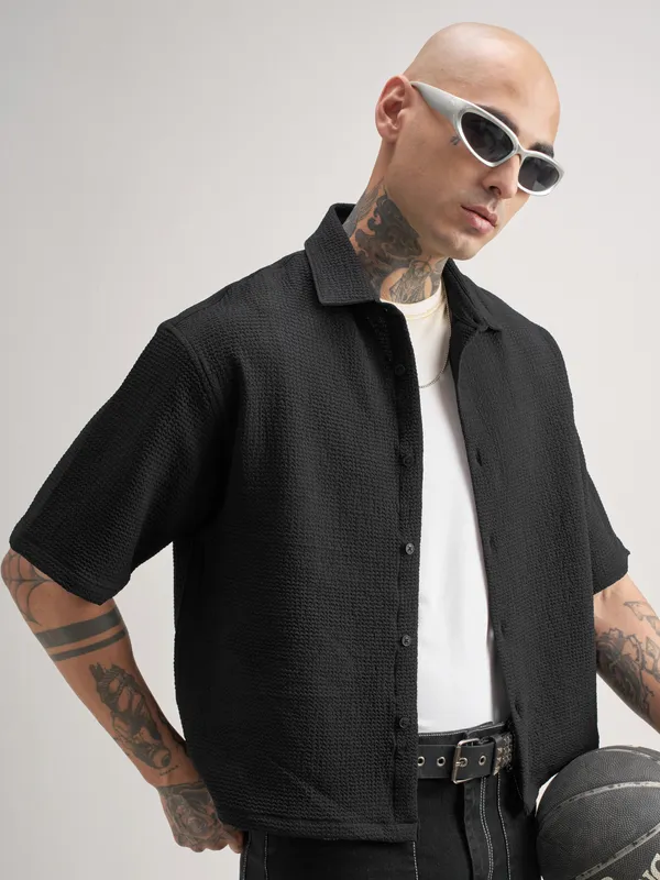 Highlander Men Black Self Design Boxy Fit Casual Shirt