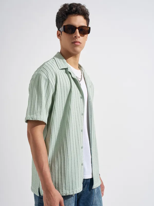 Highlander Men Green Self Design Relaxed Fit Casual Shirt