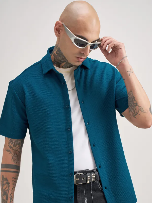 Highlander Men Teal Self Design Relaxed Fit Casual Shirt