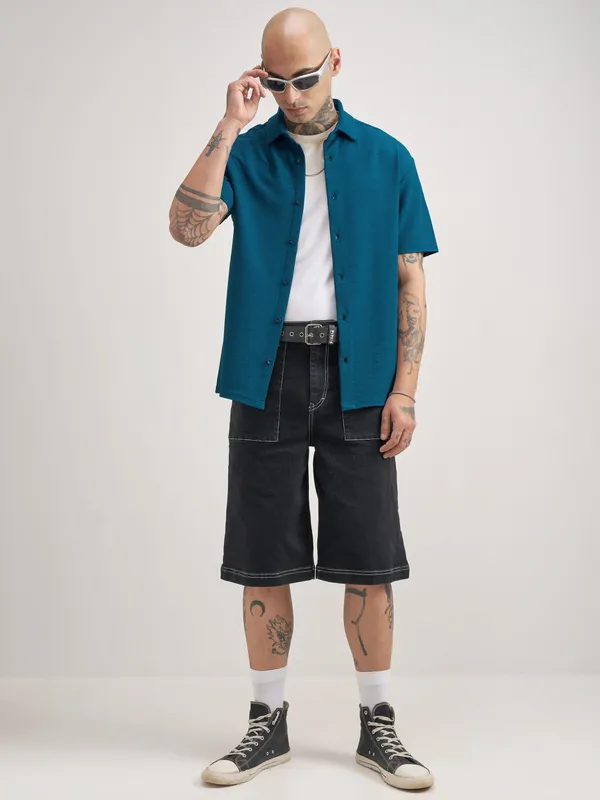 Highlander Men Teal Self Design Relaxed Fit Casual Shirt