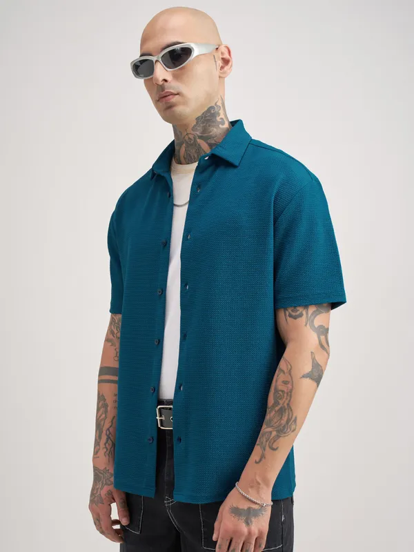 Highlander Men Teal Self Design Relaxed Fit Casual Shirt