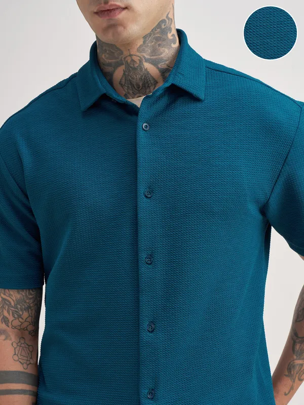 Highlander Men Teal Self Design Relaxed Fit Casual Shirt