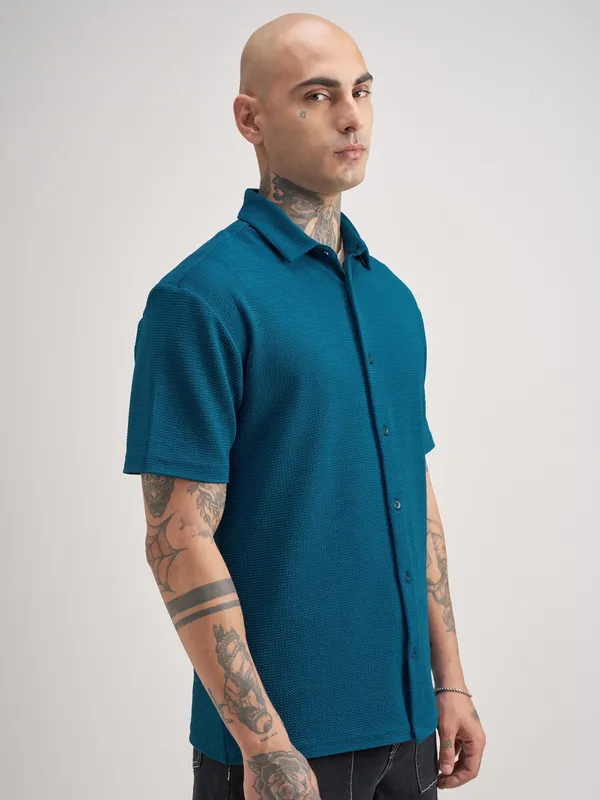 Highlander Men Teal Self Design Relaxed Fit Casual Shirt