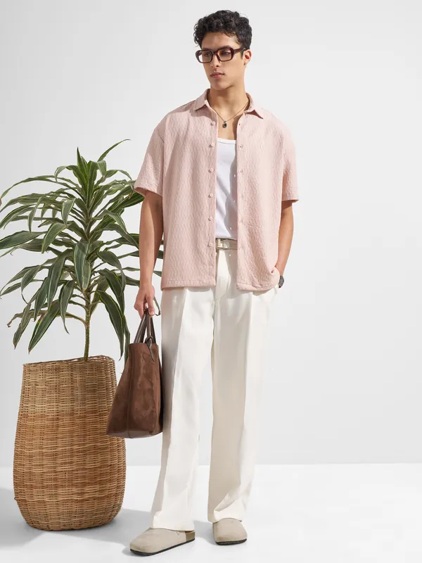 Highlander Men Pink Self Design Relaxed Fit Casual Shirt