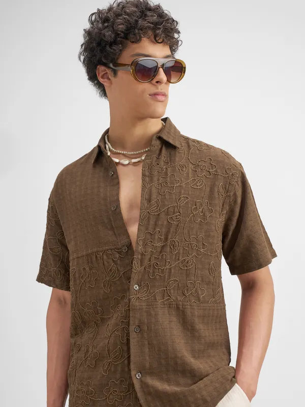 Highlander Men Brown Embroidered Relaxed Fit Casual Shirt