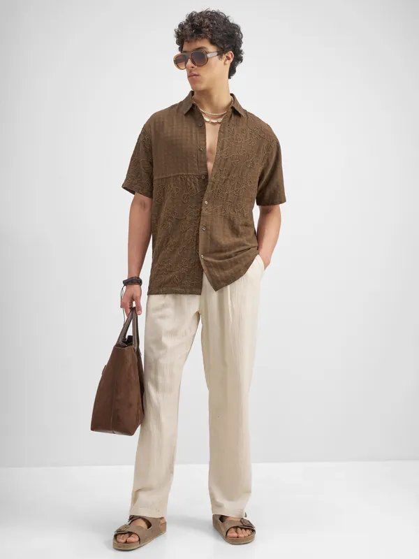 Highlander Men Brown Embroidered Relaxed Fit Casual Shirt