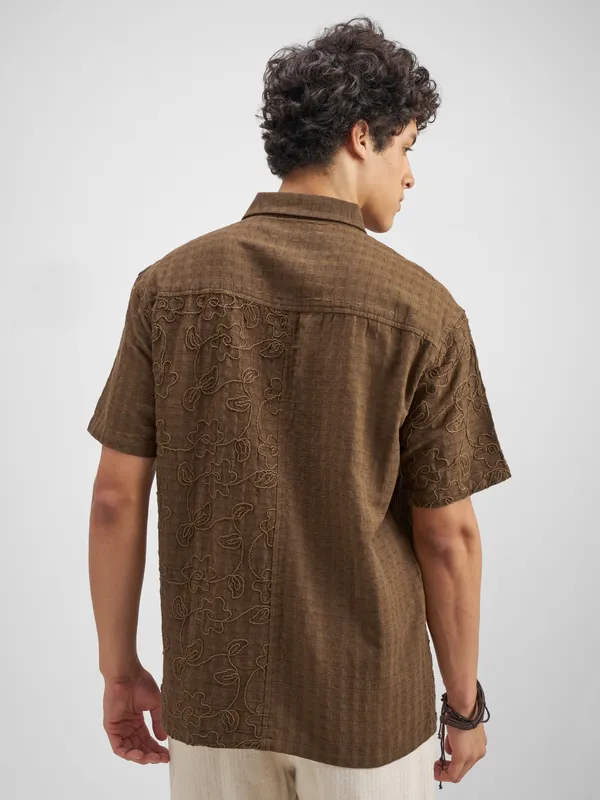 Highlander Men Brown Embroidered Relaxed Fit Casual Shirt