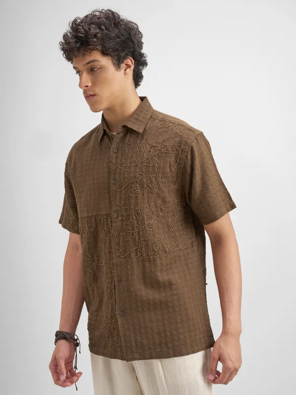 Highlander Men Brown Embroidered Relaxed Fit Casual Shirt