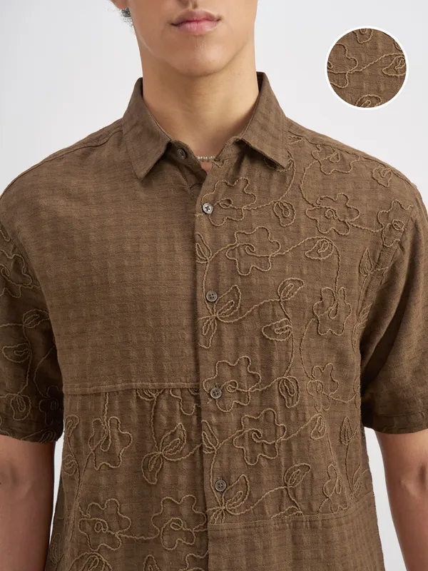 Highlander Men Brown Embroidered Relaxed Fit Casual Shirt