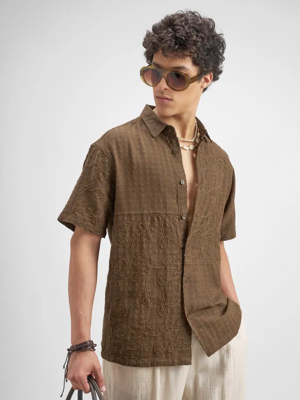 Highlander Men Brown Embroidered Relaxed Fit Casual Shirt
