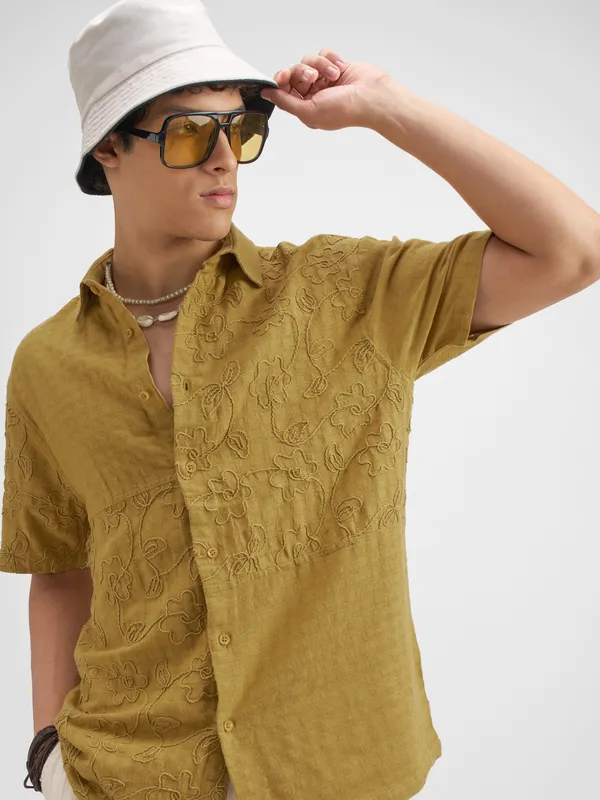 Highlander Men Mustard Embroidered Relaxed Fit Casual Shirt