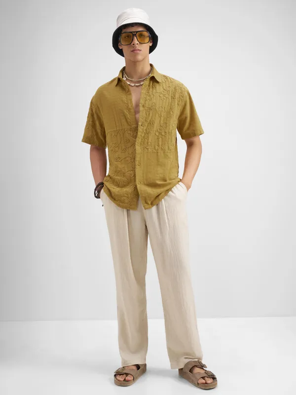 Highlander Men Mustard Embroidered Relaxed Fit Casual Shirt