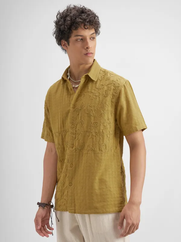 Highlander Men Mustard Embroidered Relaxed Fit Casual Shirt