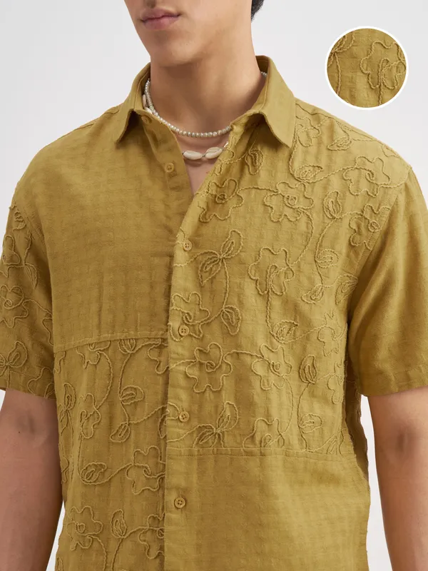 Highlander Men Mustard Embroidered Relaxed Fit Casual Shirt