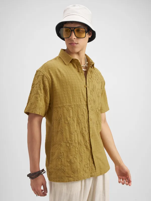 Highlander Men Mustard Embroidered Relaxed Fit Casual Shirt