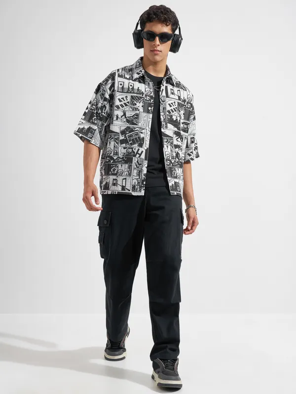 Highlander Men Black Printed Boxy Fit Casual Shirt