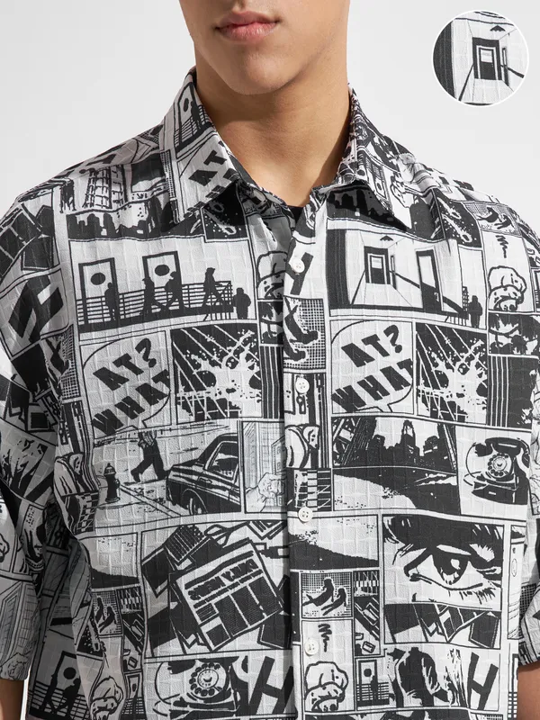 Highlander Men Black Printed Boxy Fit Casual Shirt