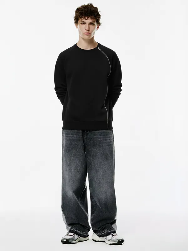 Highlander Men Black Round Neck Front-Open Sweatshirt