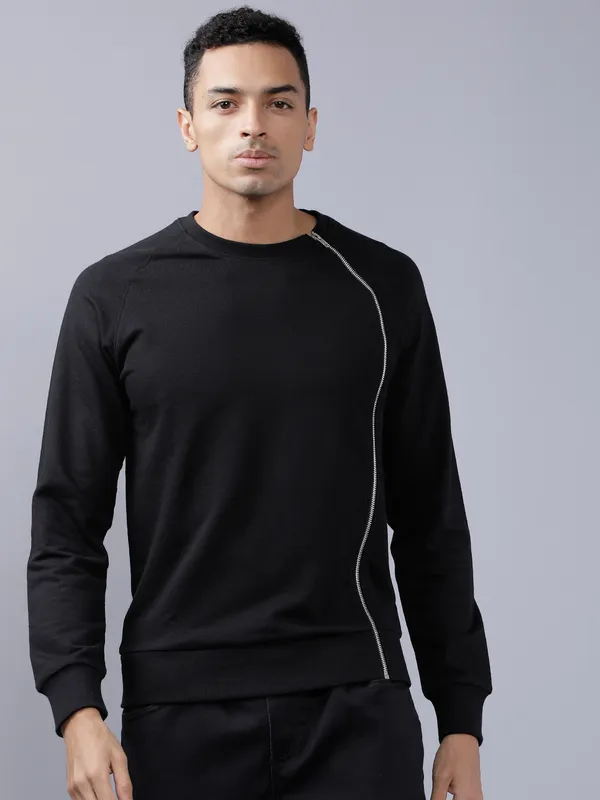 Highlander Men Black Round Neck Front-Open Sweatshirt