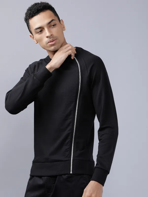 Highlander Men Black Round Neck Front-Open Sweatshirt