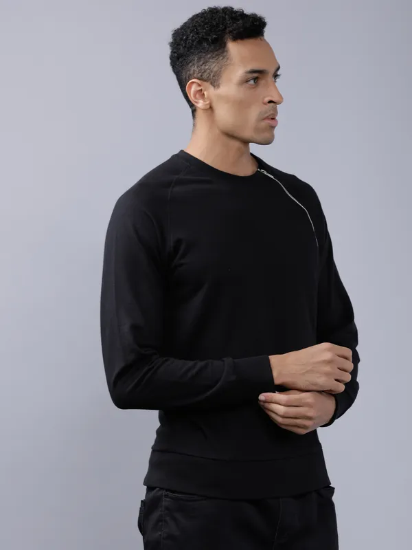 Highlander Men Black Round Neck Front-Open Sweatshirt