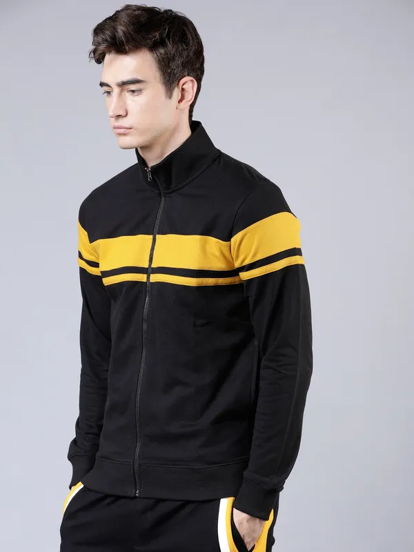 Highlander Men Black Mock Collar Front-Open Sweatshirt