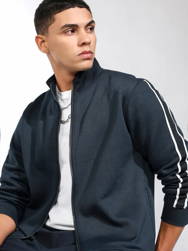 Highlander Men Navy Blue Mock Collar Front-Open Sweatshirt