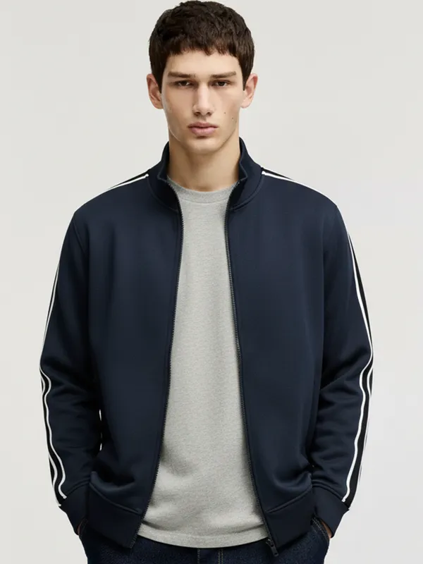 Highlander Men Navy Blue Mock Collar Front-Open Sweatshirt