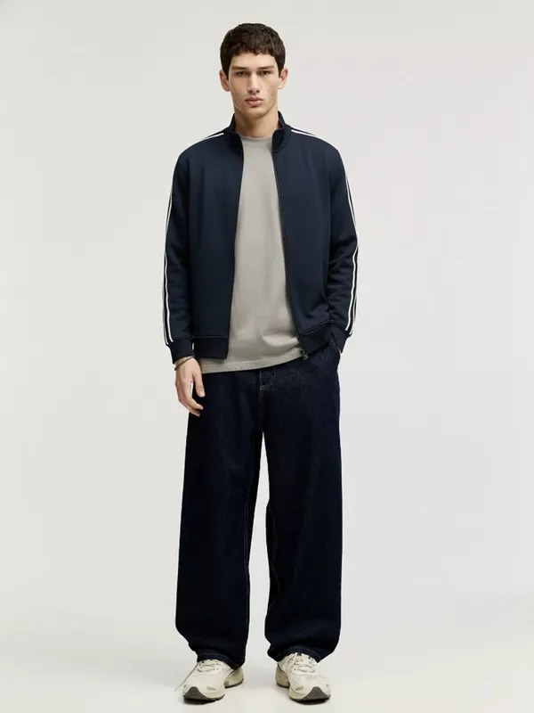 Highlander Men Navy Blue Mock Collar Front-Open Sweatshirt