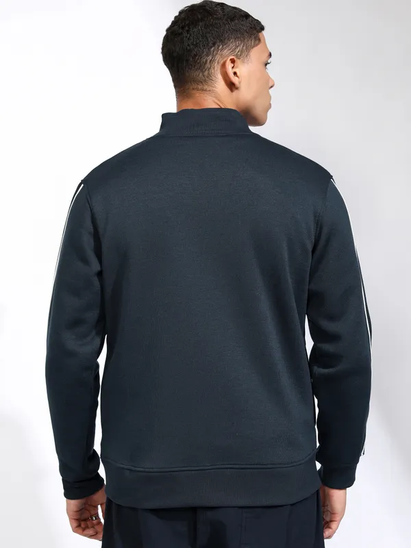 Highlander Men Navy Blue Mock Collar Front-Open Sweatshirt