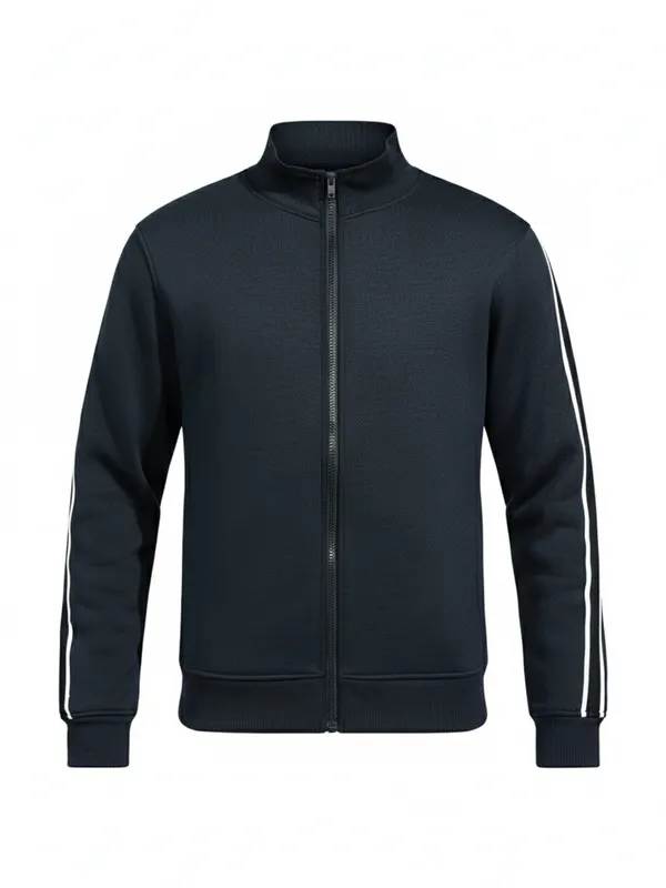 Highlander Men Navy Blue Mock Collar Front-Open Sweatshirt