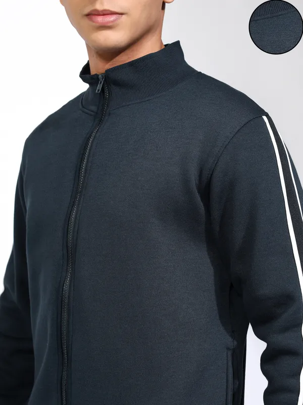 Highlander Men Navy Blue Mock Collar Front-Open Sweatshirt