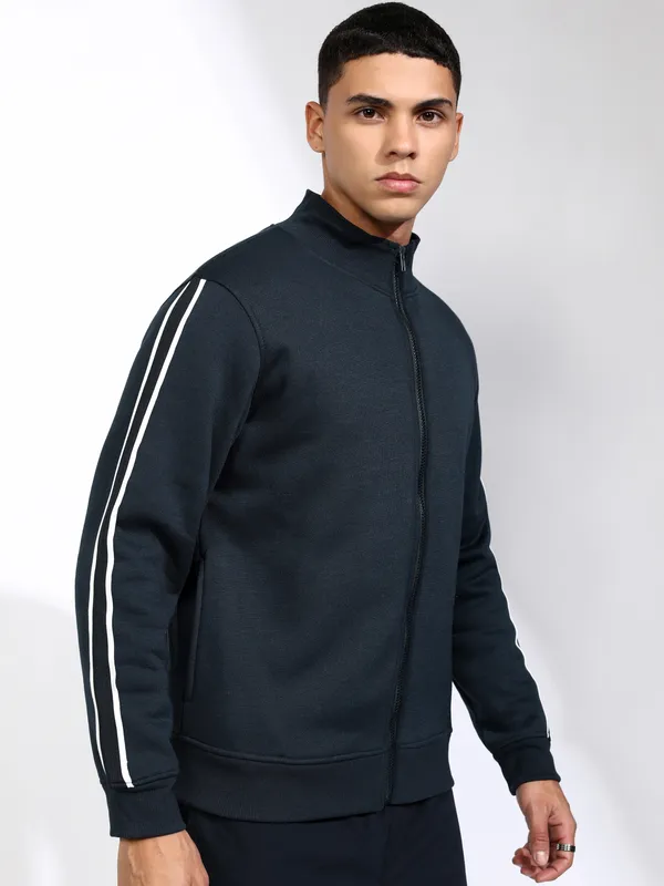 Highlander Men Navy Blue Mock Collar Front-Open Sweatshirt