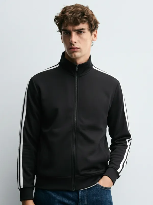 Highlander Men Black Mock Collar Front-Open Sweatshirt