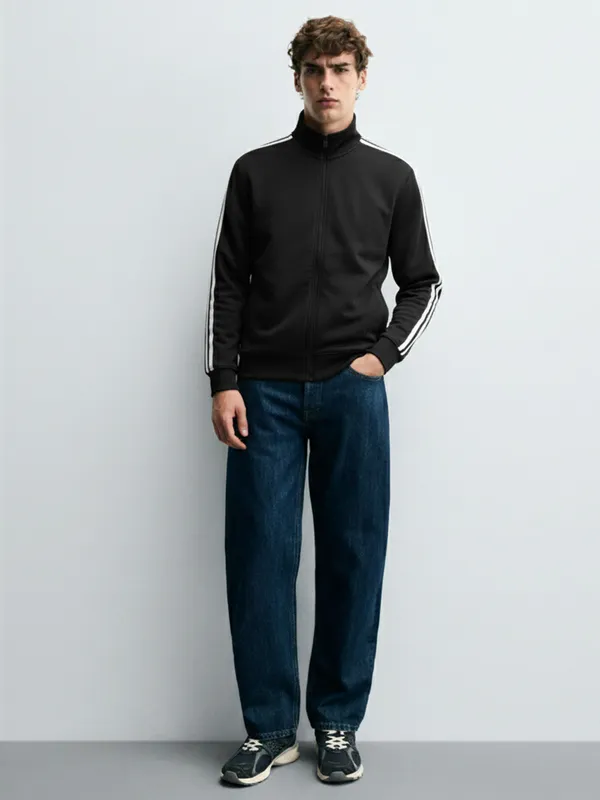 Highlander Men Black Mock Collar Front-Open Sweatshirt