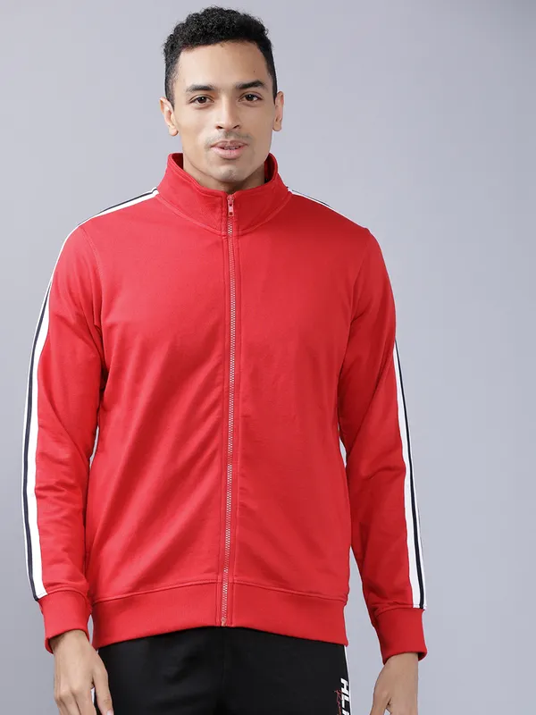 Highlander Men Red Mock Collar Front-Open Sweatshirt