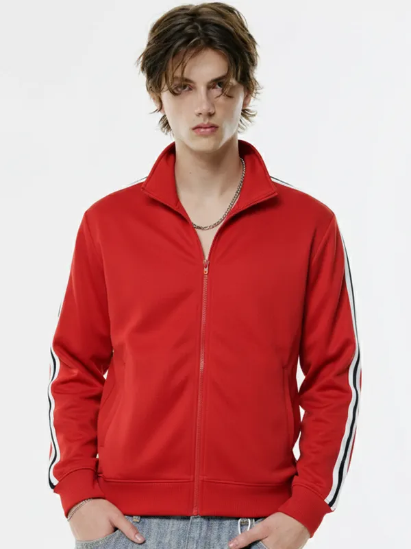Highlander Men Red Mock Collar Front-Open Sweatshirt