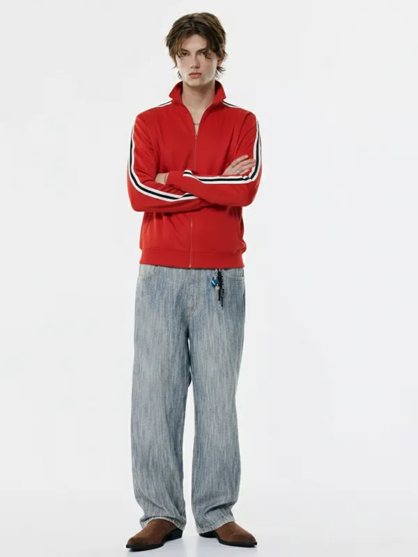 Highlander Men Red Mock Collar Front-Open Sweatshirt