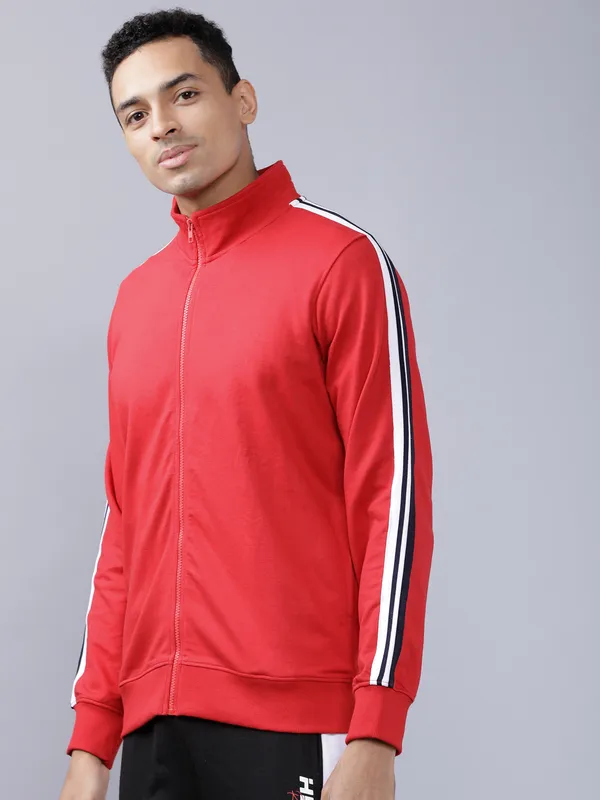 Highlander Men Red Mock Collar Front-Open Sweatshirt
