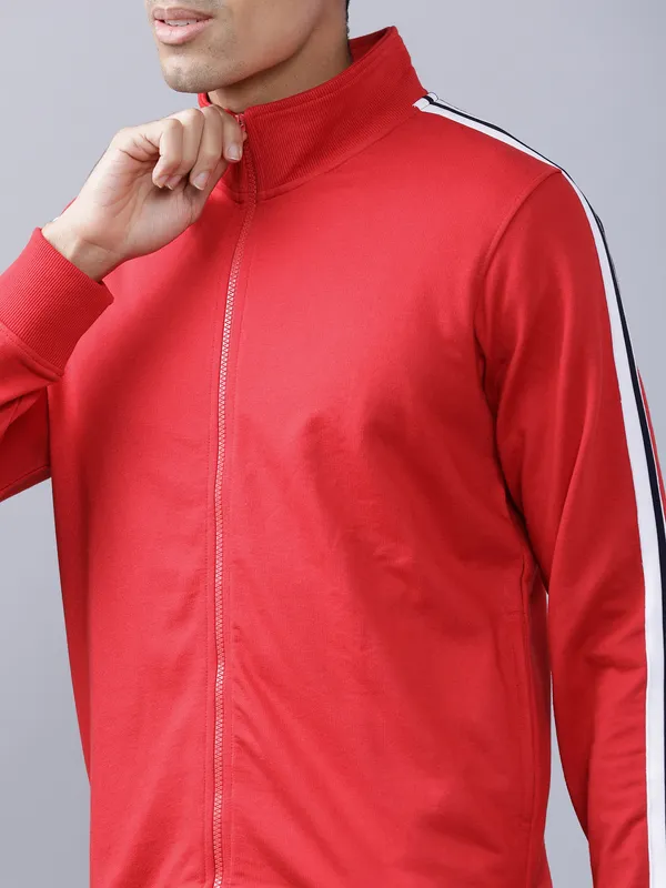 Highlander Men Red Mock Collar Front-Open Sweatshirt