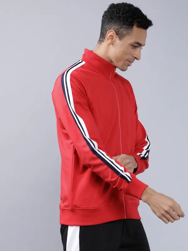 Highlander Men Red Mock Collar Front-Open Sweatshirt