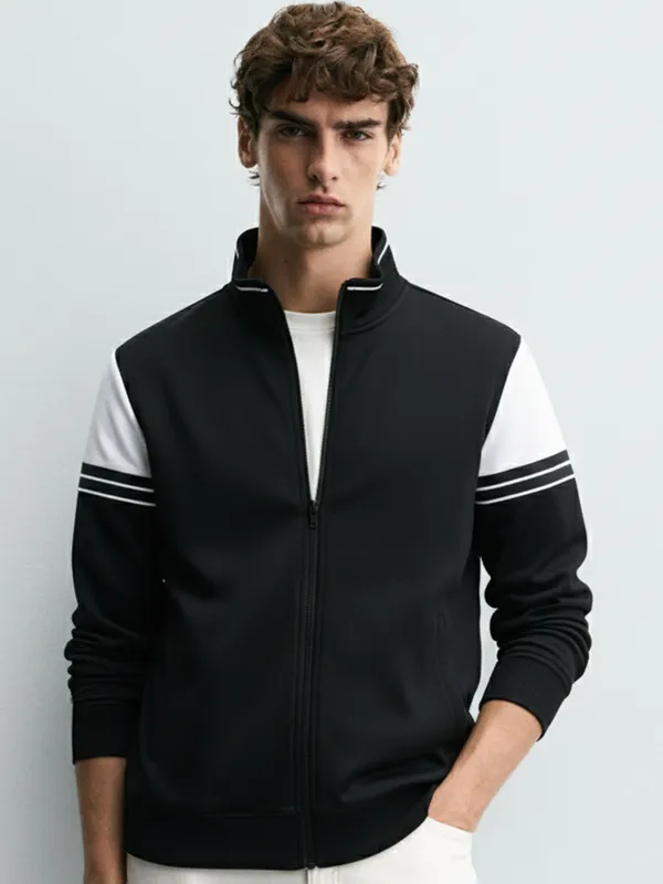 Highlander Men Black Mock Collar Front-Open Sweatshirt