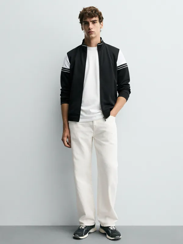 Highlander Men Black Mock Collar Front-Open Sweatshirt