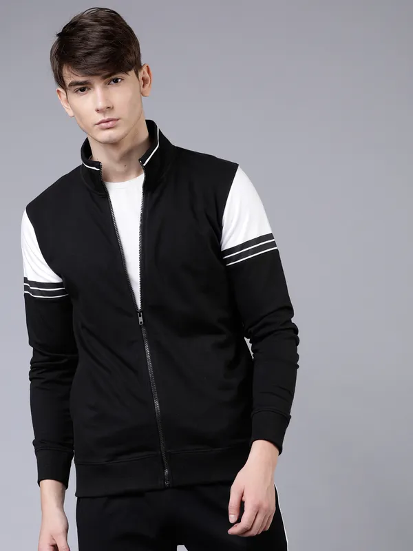 Highlander Men Black Mock Collar Front-Open Sweatshirt