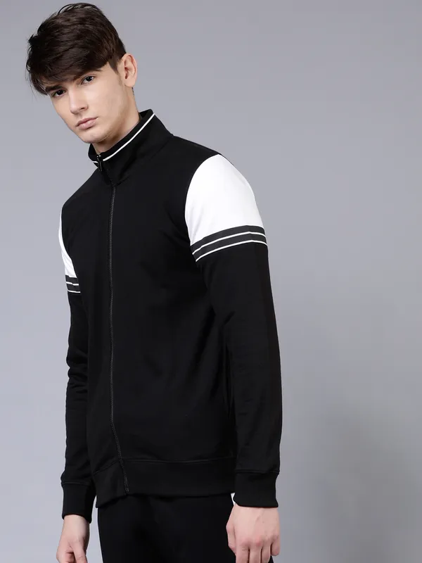 Highlander Men Black Mock Collar Front-Open Sweatshirt